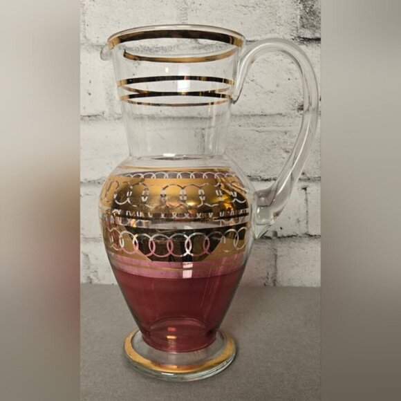 Vintage Pink & Gold Ombre Glass Pitcher Set – 5 Pc Mid-Century Barware - Picture 7 of 15